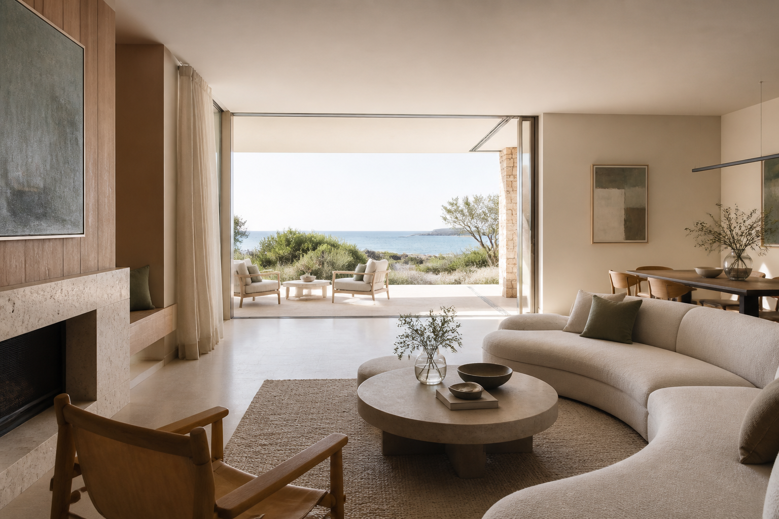 Modern coastal living room opening to an ocean terrace