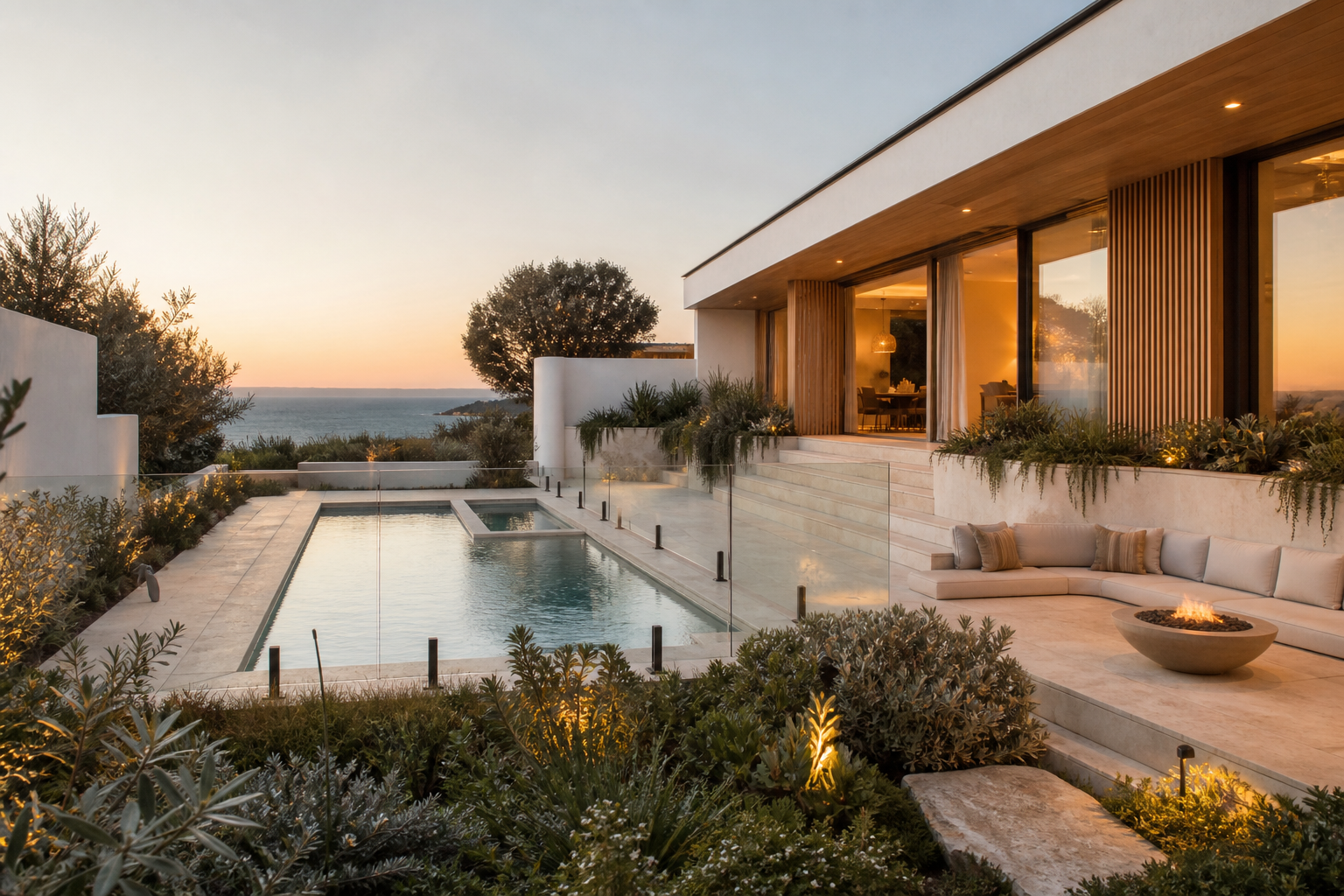 Luxury coastal pool terrace with limestone and timber finishes